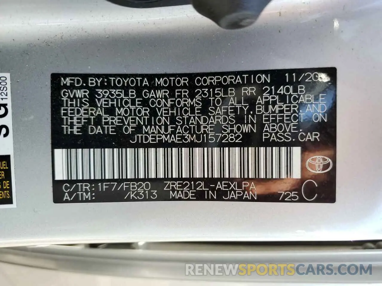 12 Фотография поврежденного автомобиля JTDEPMAE3MJ157282 TOYOTA COROLLA 2021