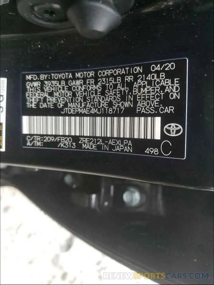 10 Photograph of a damaged car JTDEPMAE4MJ118717 TOYOTA COROLLA 2021