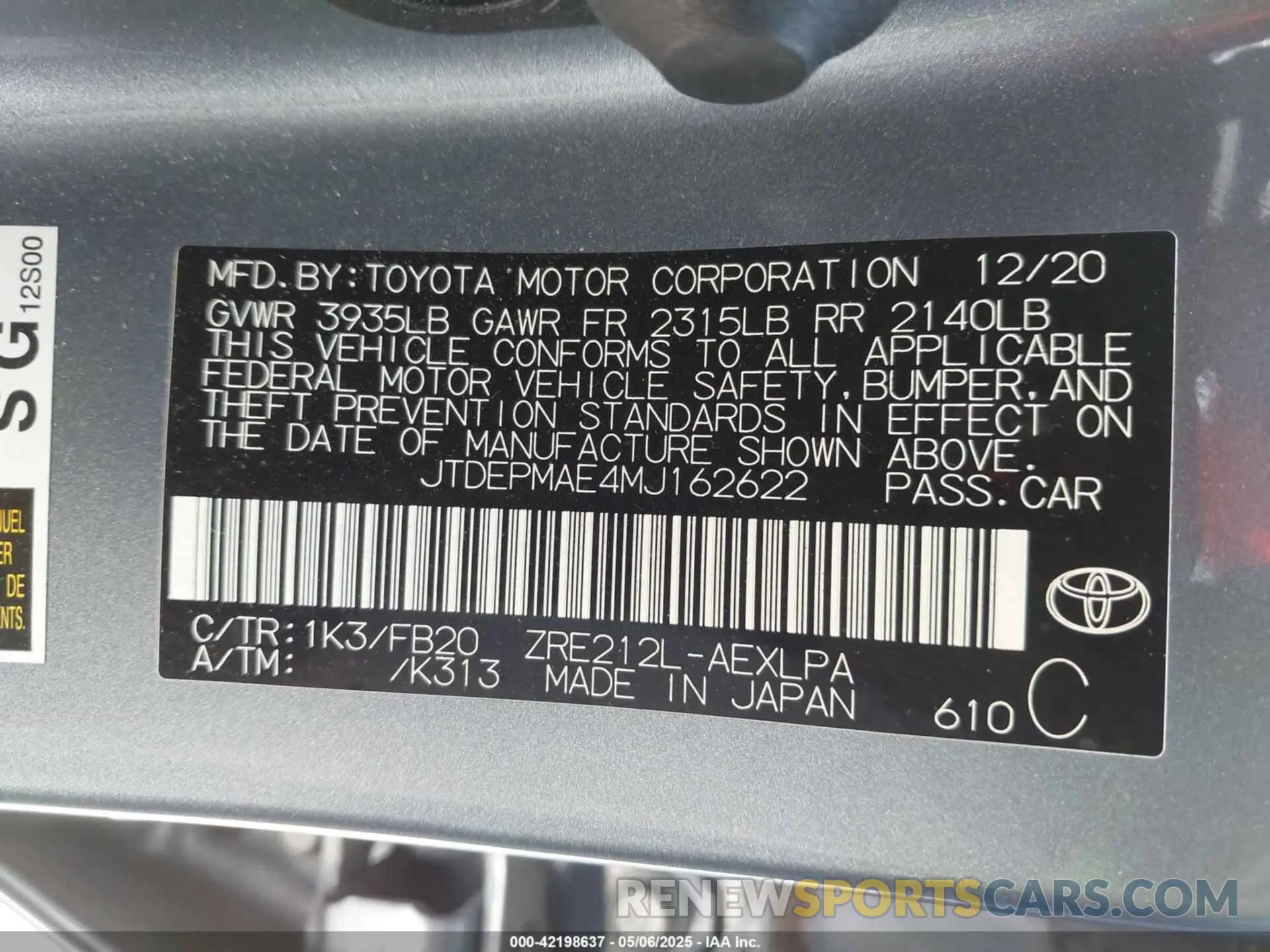 9 Фотография поврежденного автомобиля JTDEPMAE4MJ162622 TOYOTA COROLLA 2021