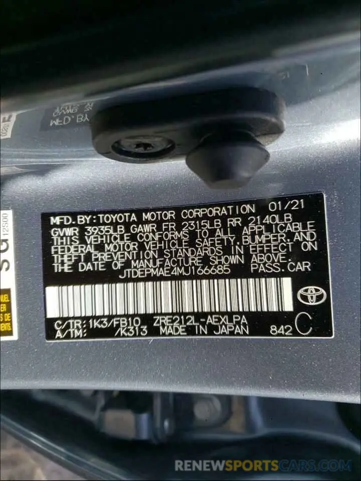 10 Photograph of a damaged car JTDEPMAE4MJ166685 TOYOTA COROLLA 2021