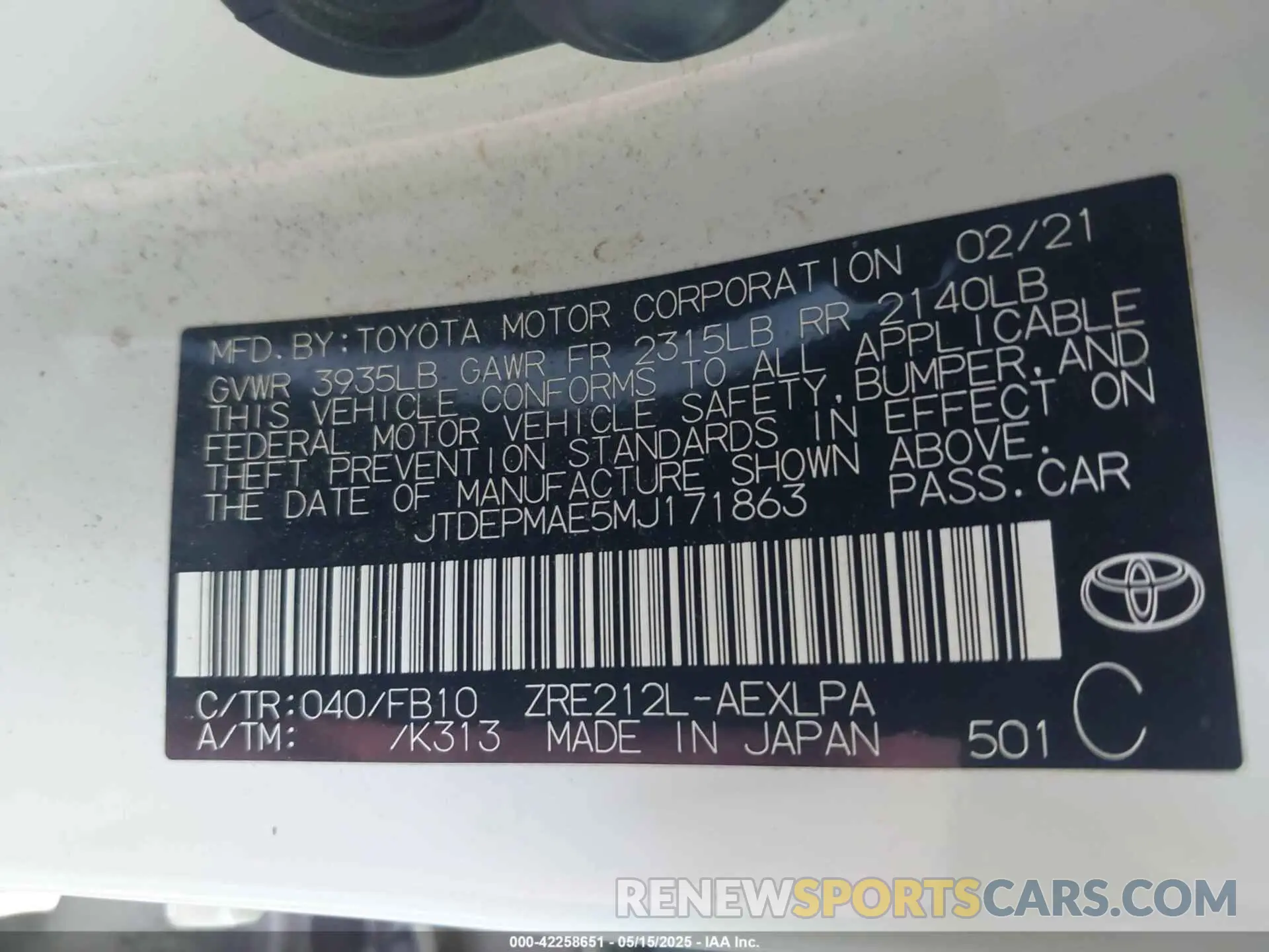 9 Photograph of a damaged car JTDEPMAE5MJ171863 TOYOTA COROLLA 2021