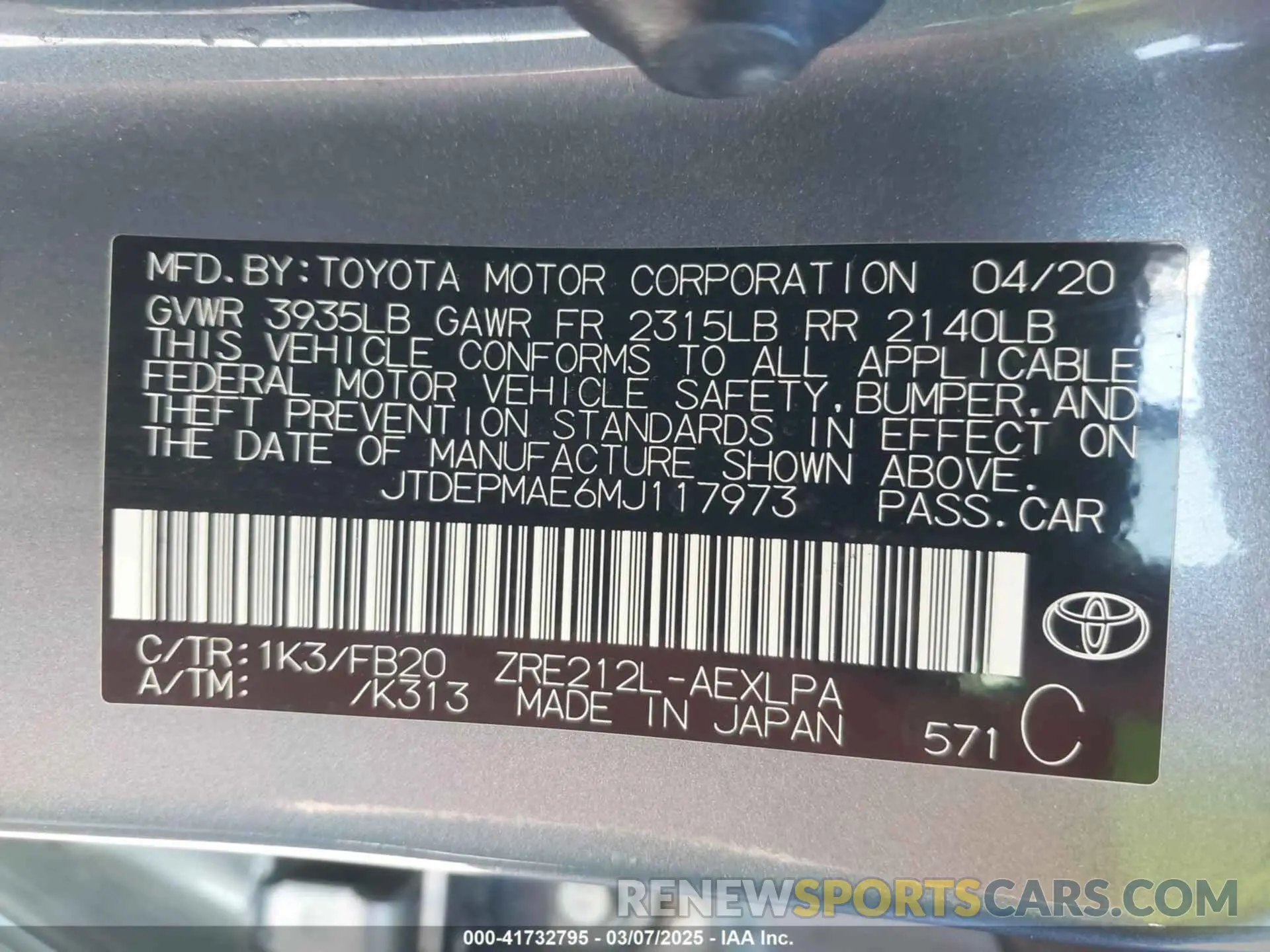 9 Photograph of a damaged car JTDEPMAE6MJ117973 TOYOTA COROLLA 2021