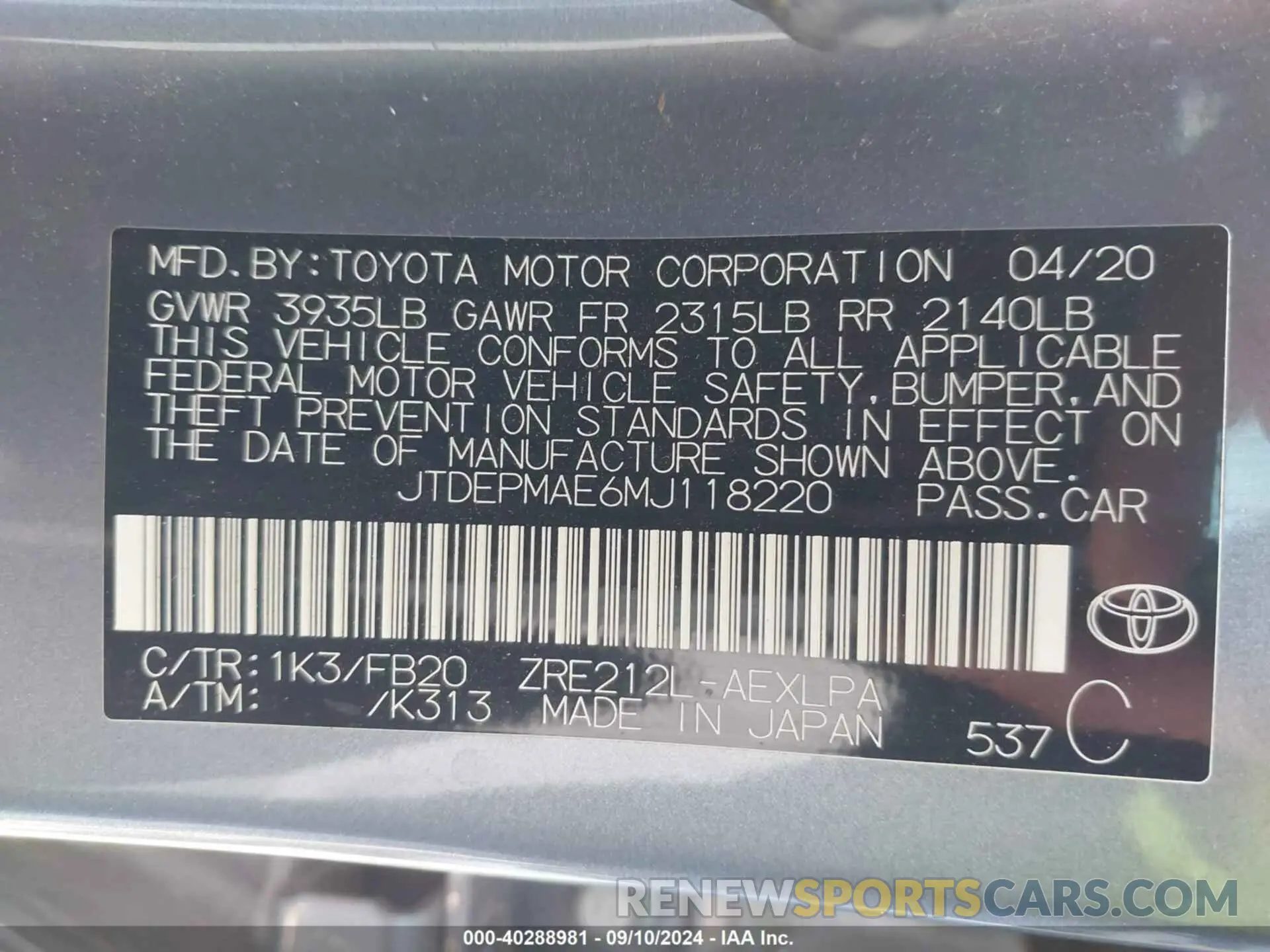 9 Фотография поврежденного автомобиля JTDEPMAE6MJ118220 TOYOTA COROLLA 2021