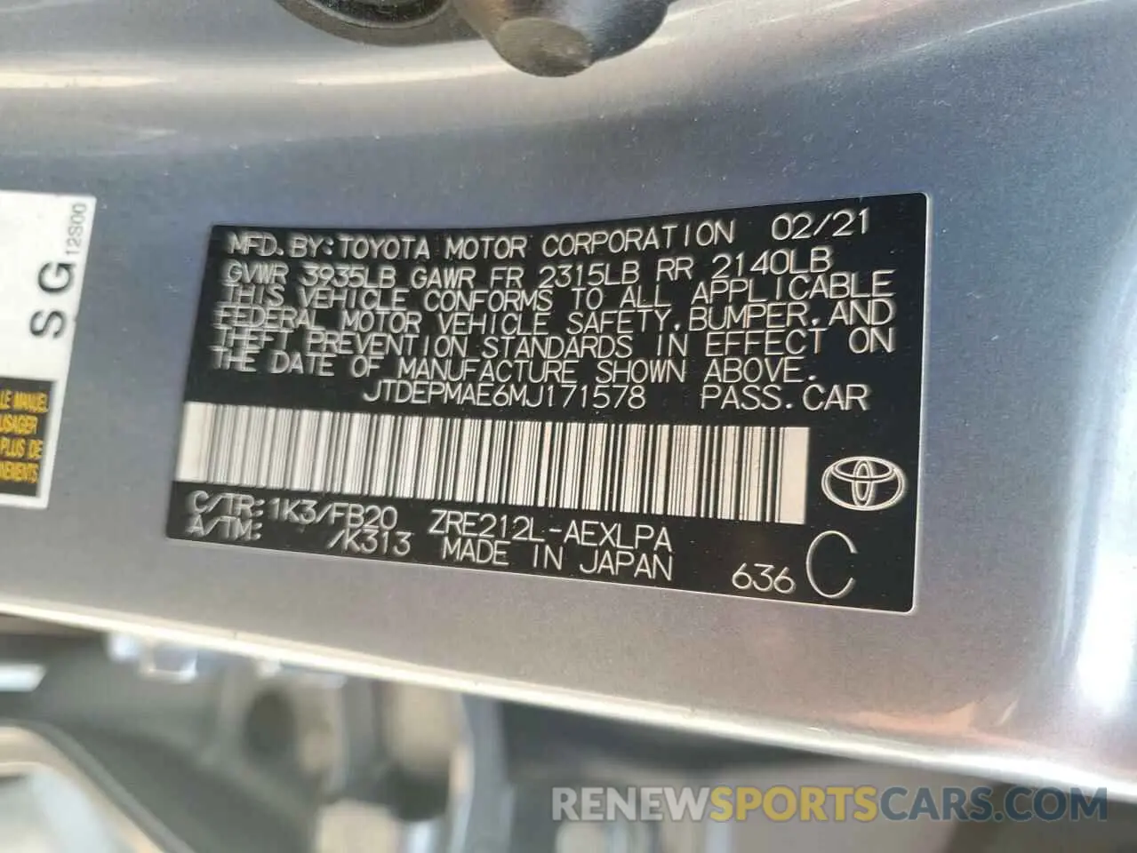 12 Фотография поврежденного автомобиля JTDEPMAE6MJ171578 TOYOTA COROLLA 2021