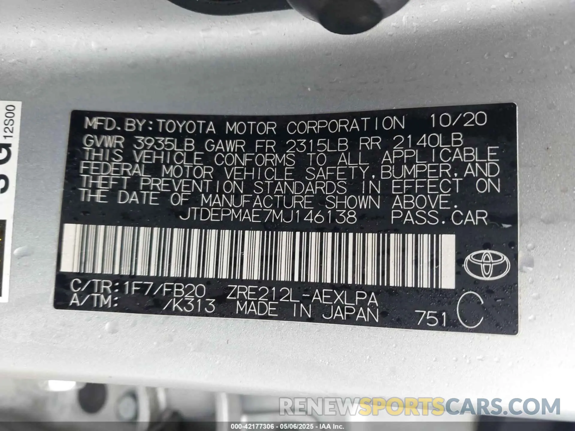9 Photograph of a damaged car JTDEPMAE7MJ146138 TOYOTA COROLLA 2021