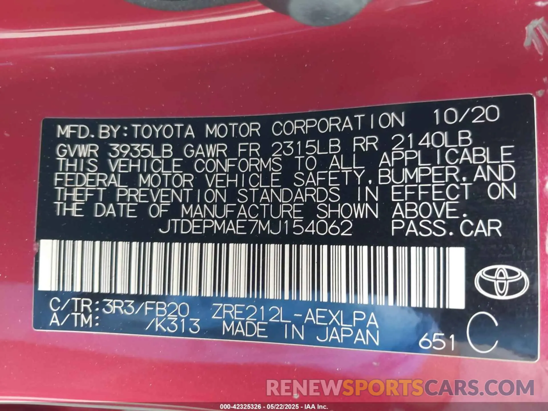 9 Photograph of a damaged car JTDEPMAE7MJ154062 TOYOTA COROLLA 2021