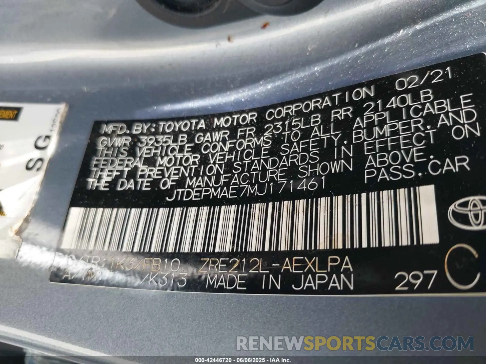 9 Photograph of a damaged car JTDEPMAE7MJ171461 TOYOTA COROLLA 2021