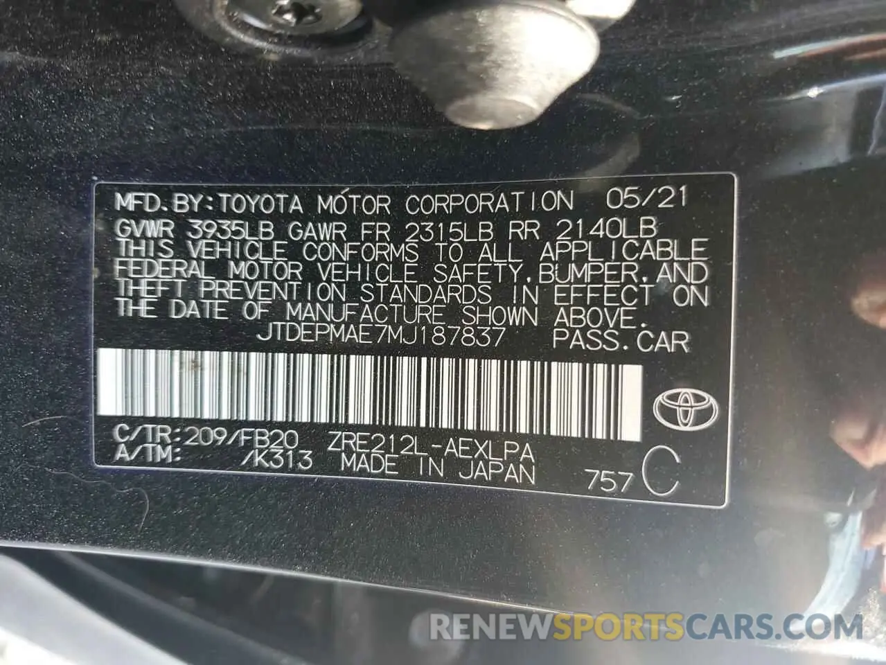 13 Фотография поврежденного автомобиля JTDEPMAE7MJ187837 TOYOTA COROLLA 2021
