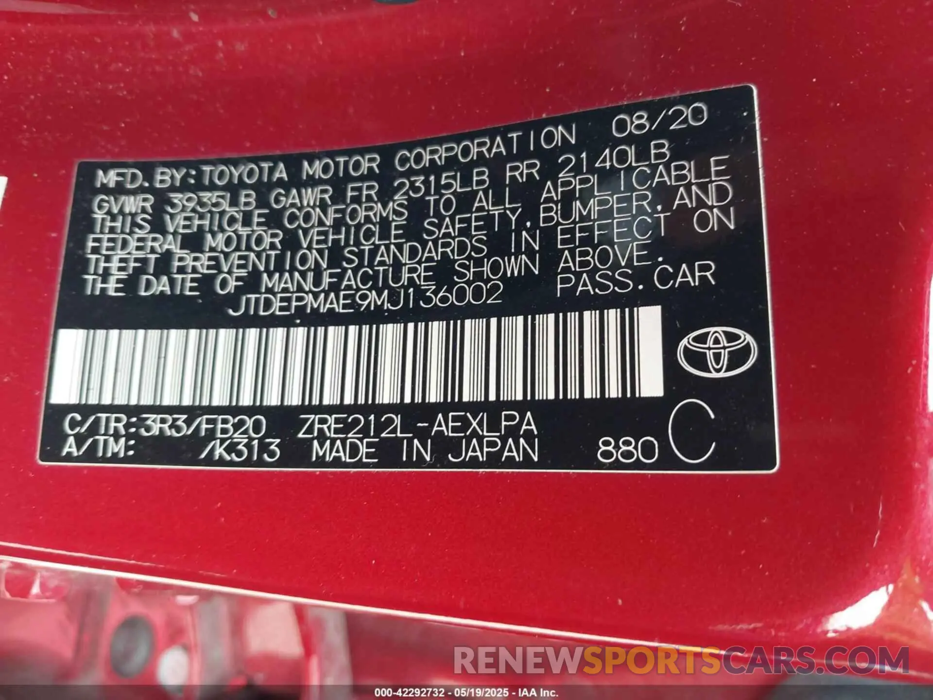 9 Фотография поврежденного автомобиля JTDEPMAE9MJ136002 TOYOTA COROLLA 2021