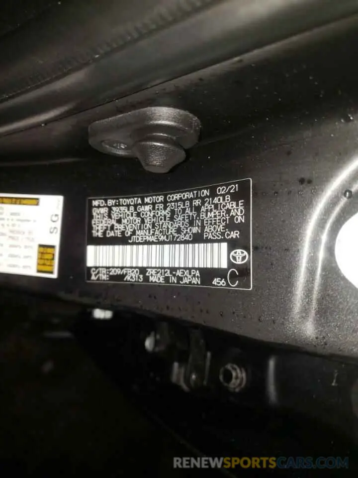 10 Photograph of a damaged car JTDEPMAE9MJ172840 TOYOTA COROLLA 2021