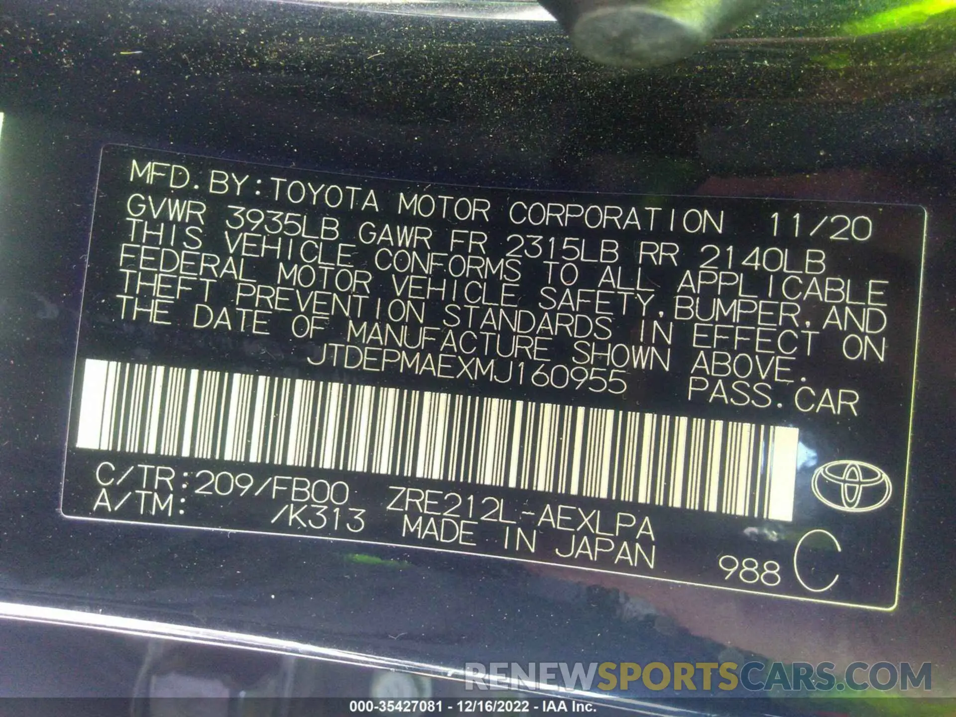 9 Photograph of a damaged car JTDEPMAEXMJ160955 TOYOTA COROLLA 2021