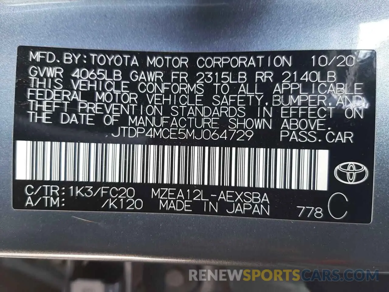 10 Photograph of a damaged car JTDP4MCE5MJ064729 TOYOTA COROLLA 2021