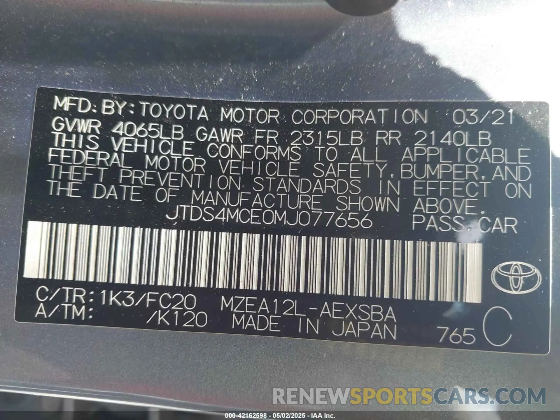 9 Photograph of a damaged car JTDS4MCE0MJ077656 TOYOTA COROLLA 2021