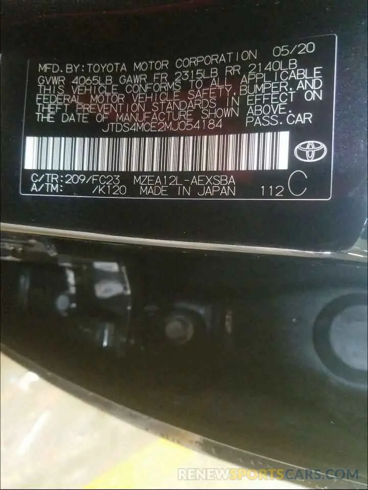 10 Photograph of a damaged car JTDS4MCE2MJ054184 TOYOTA COROLLA 2021