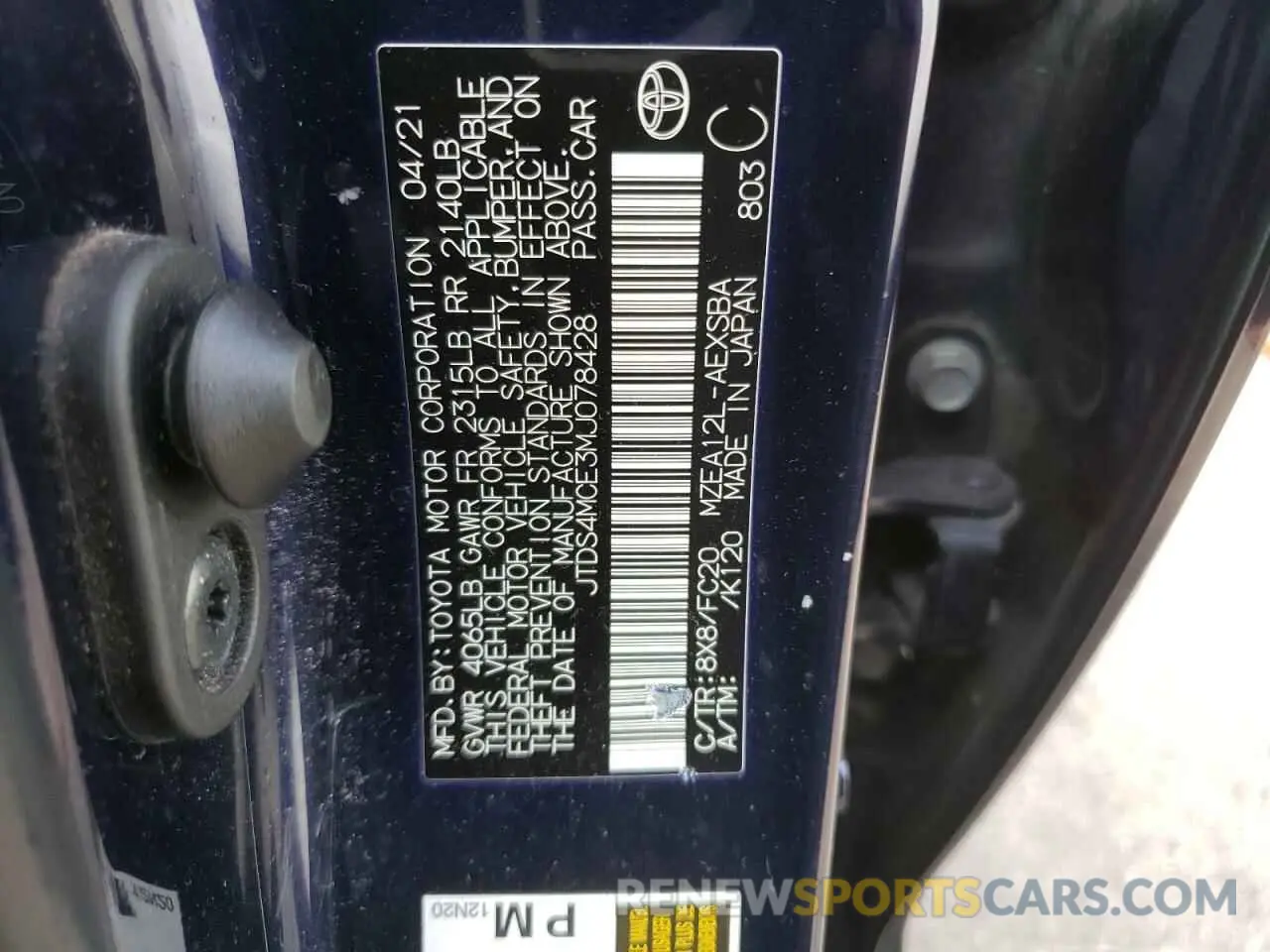 12 Фотография поврежденного автомобиля JTDS4MCE3MJ078428 TOYOTA COROLLA 2021