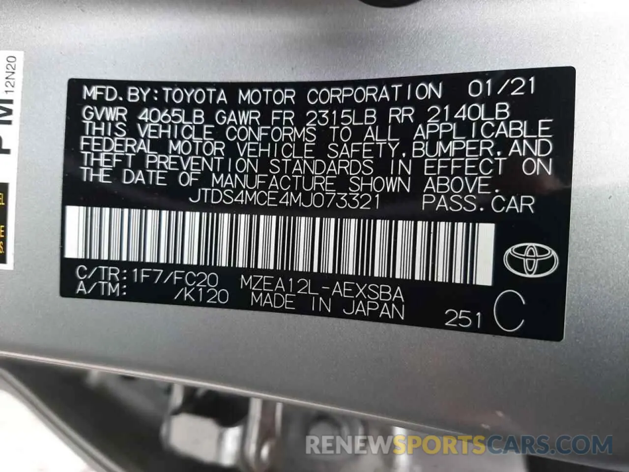 10 Photograph of a damaged car JTDS4MCE4MJ073321 TOYOTA COROLLA 2021