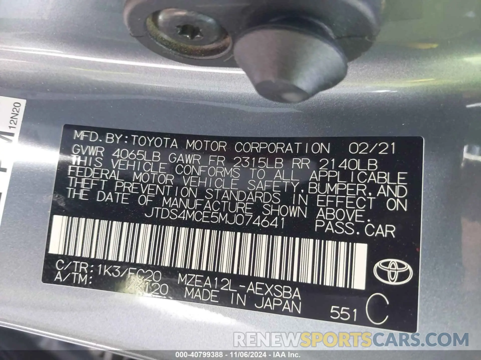 9 Фотография поврежденного автомобиля JTDS4MCE5MJ074641 TOYOTA COROLLA 2021