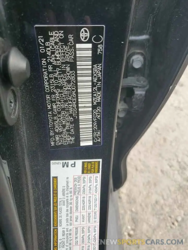12 Photograph of a damaged car JTDS4MCE6MJ072803 TOYOTA COROLLA 2021