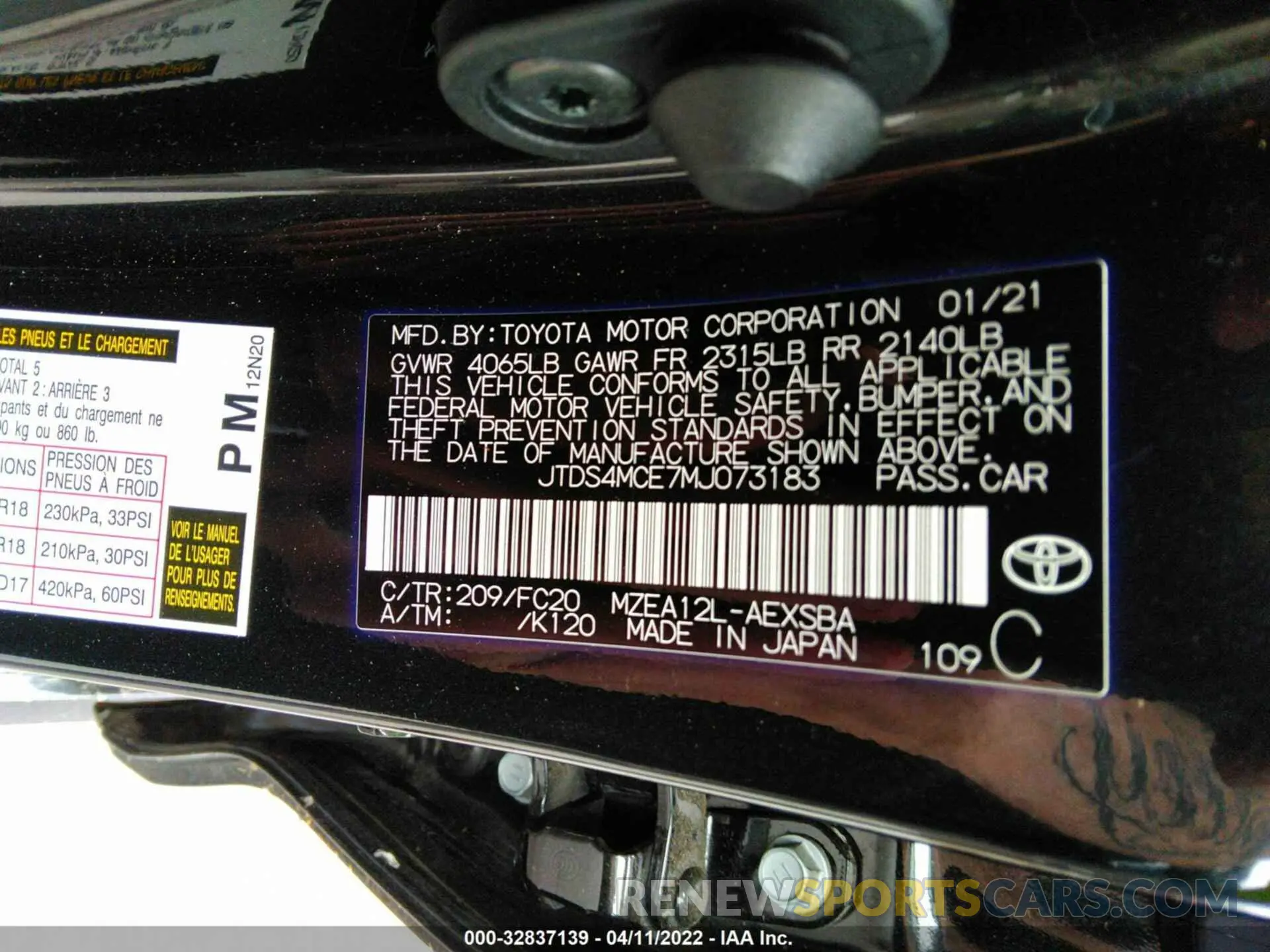 9 Photograph of a damaged car JTDS4MCE7MJ073183 TOYOTA COROLLA 2021