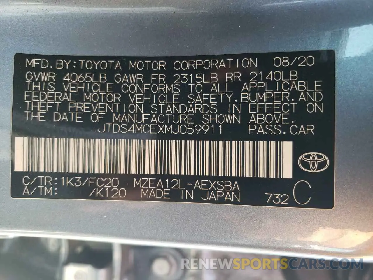12 Фотография поврежденного автомобиля JTDS4MCEXMJ059911 TOYOTA COROLLA 2021