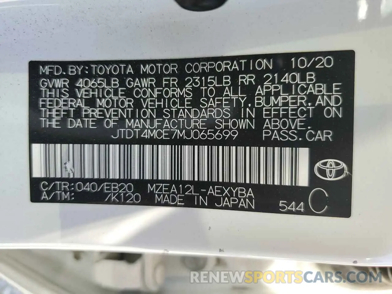 13 Photograph of a damaged car JTDT4MCE7MJ065699 TOYOTA COROLLA 2021