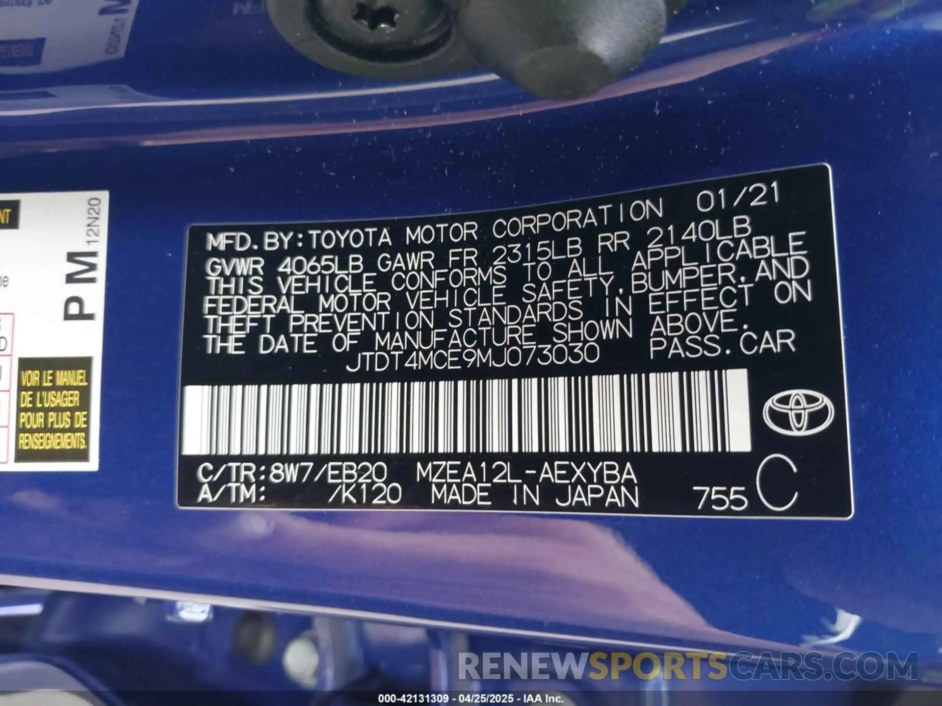 9 Фотография поврежденного автомобиля JTDT4MCE9MJ073030 TOYOTA COROLLA 2021