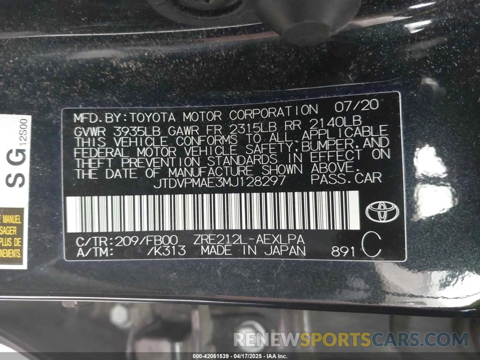 9 Фотография поврежденного автомобиля JTDVPMAE3MJ128297 TOYOTA COROLLA 2021