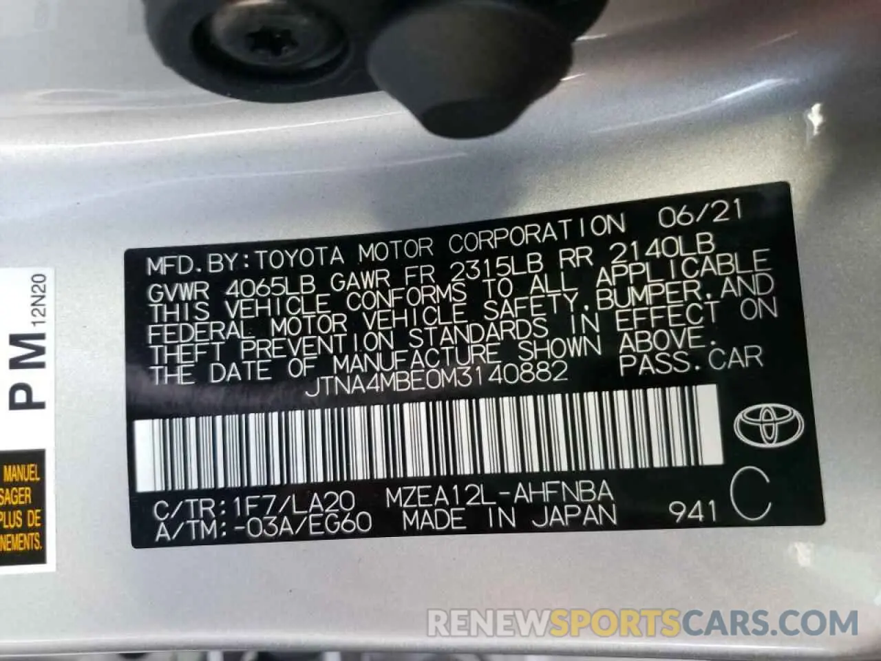 10 Photograph of a damaged car JTNA4MBE0M3140882 TOYOTA COROLLA 2021