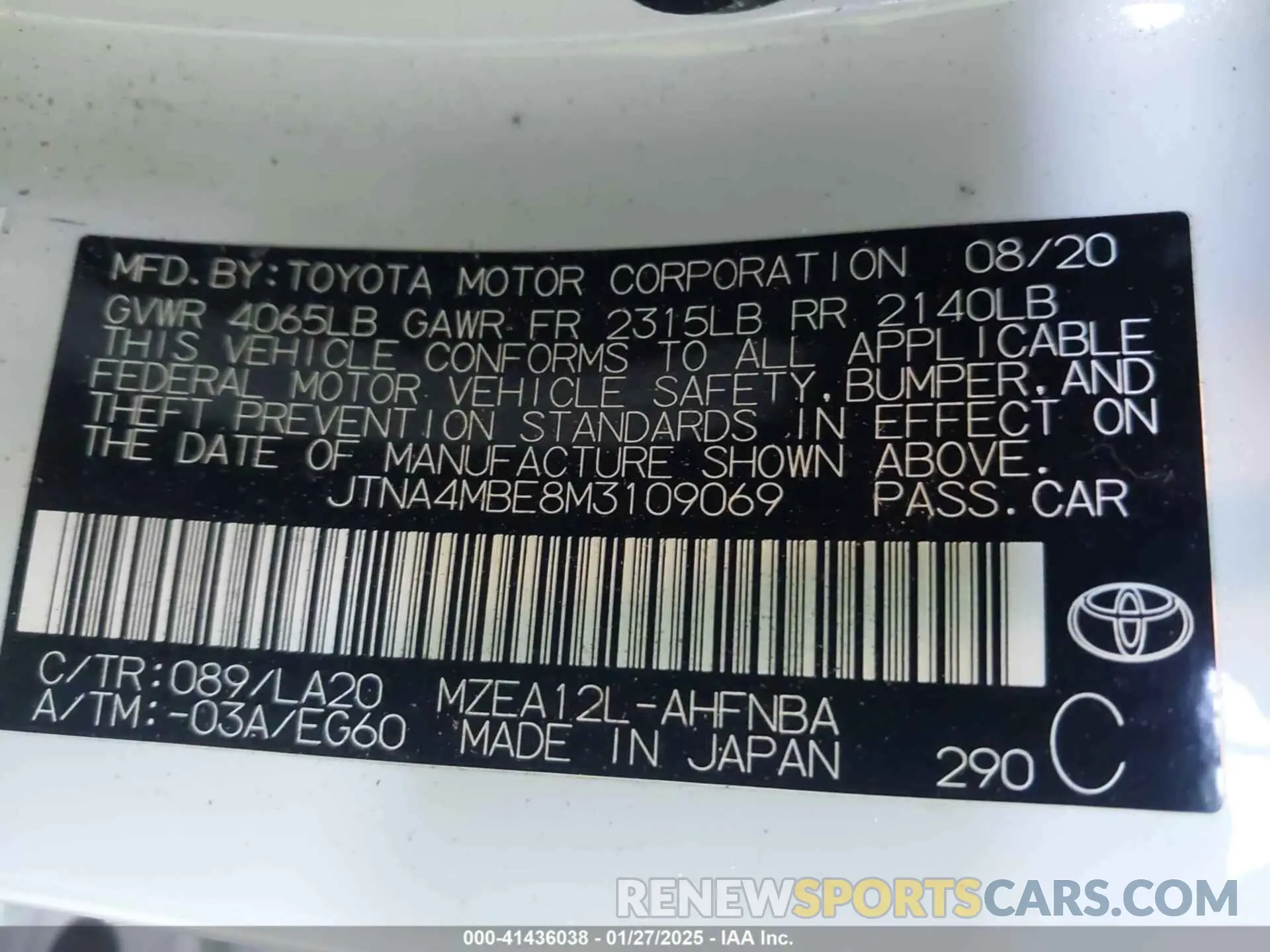 9 Photograph of a damaged car JTNA4MBE8M3109069 TOYOTA COROLLA 2021