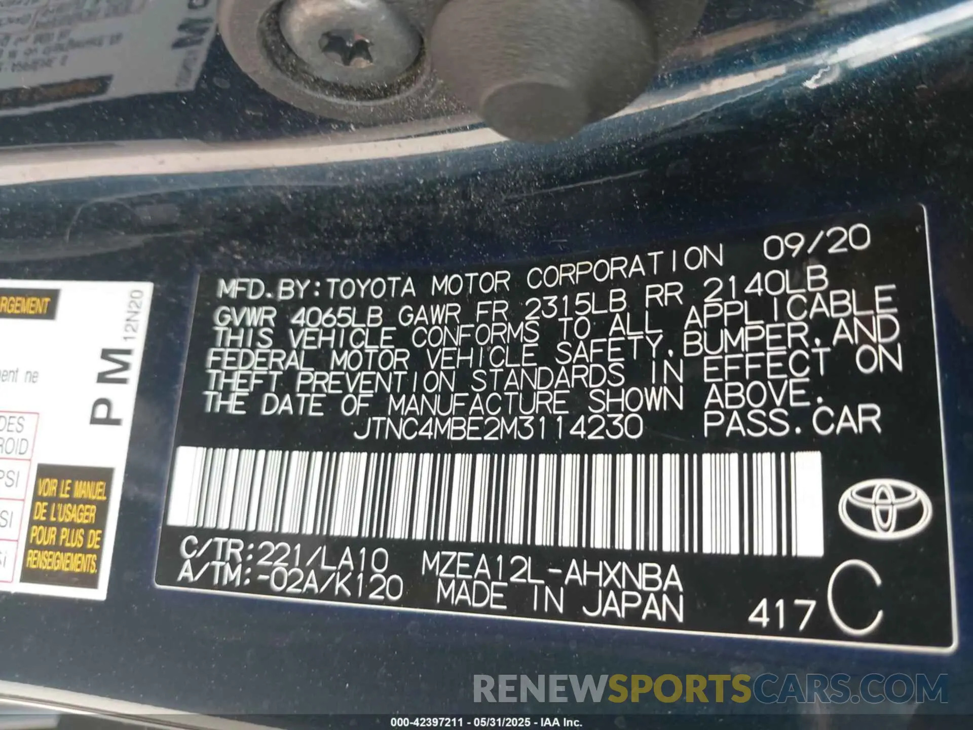 9 Photograph of a damaged car JTNC4MBE2M3114230 TOYOTA COROLLA 2021