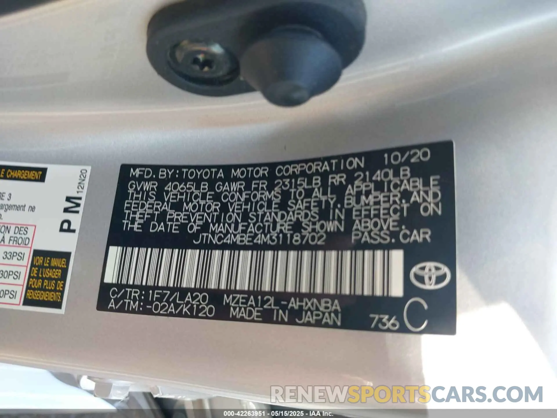 9 Фотография поврежденного автомобиля JTNC4MBE4M3118702 TOYOTA COROLLA 2021