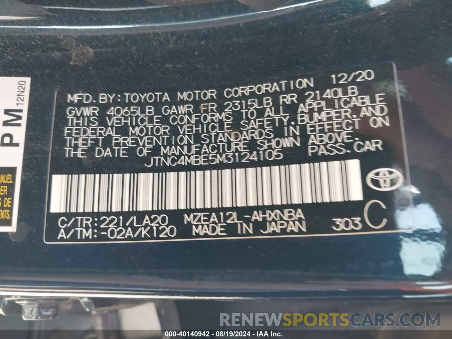 9 Фотография поврежденного автомобиля JTNC4MBE5M3124105 TOYOTA COROLLA 2021
