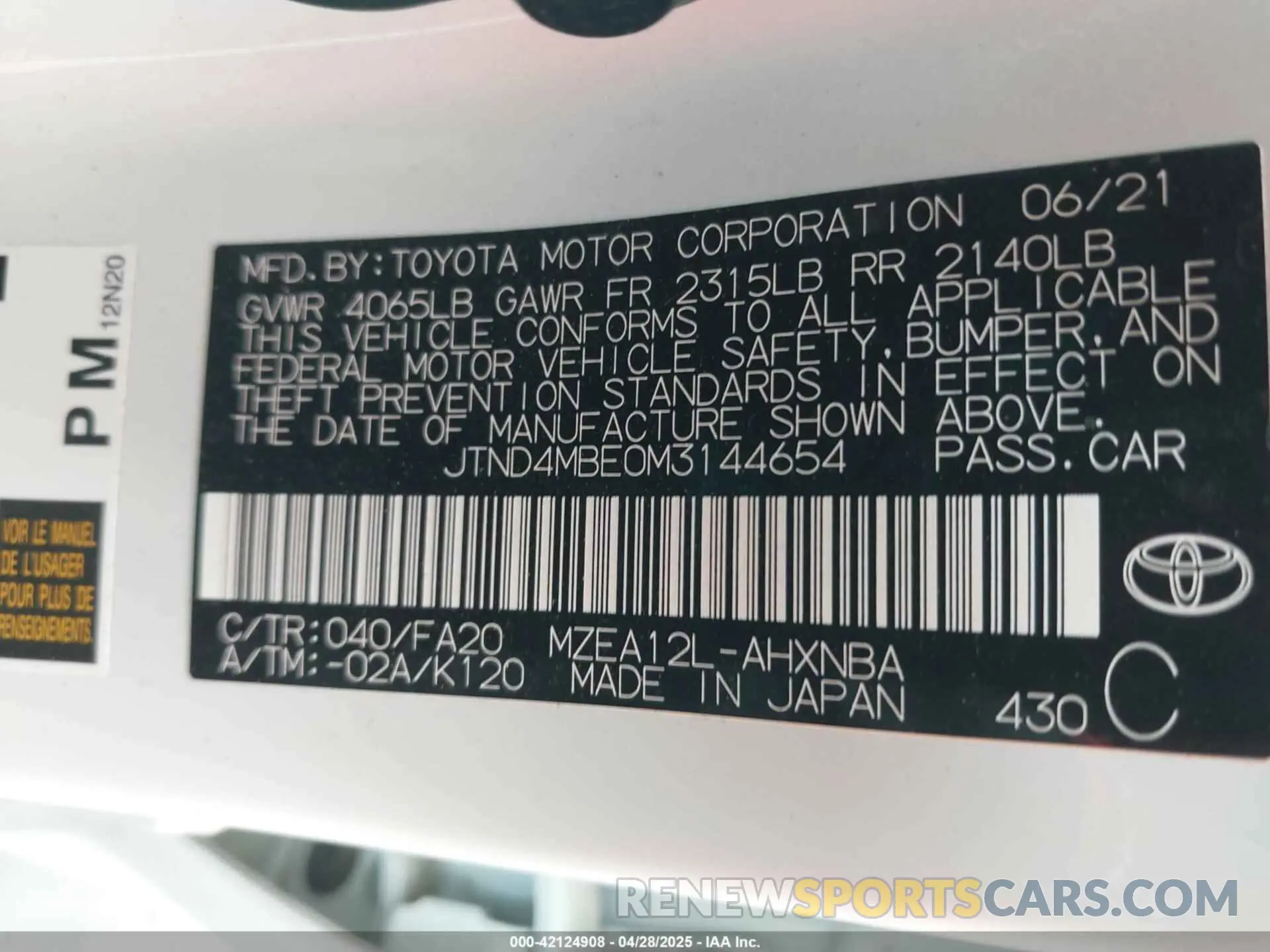 9 Фотография поврежденного автомобиля JTND4MBE0M3144654 TOYOTA COROLLA 2021