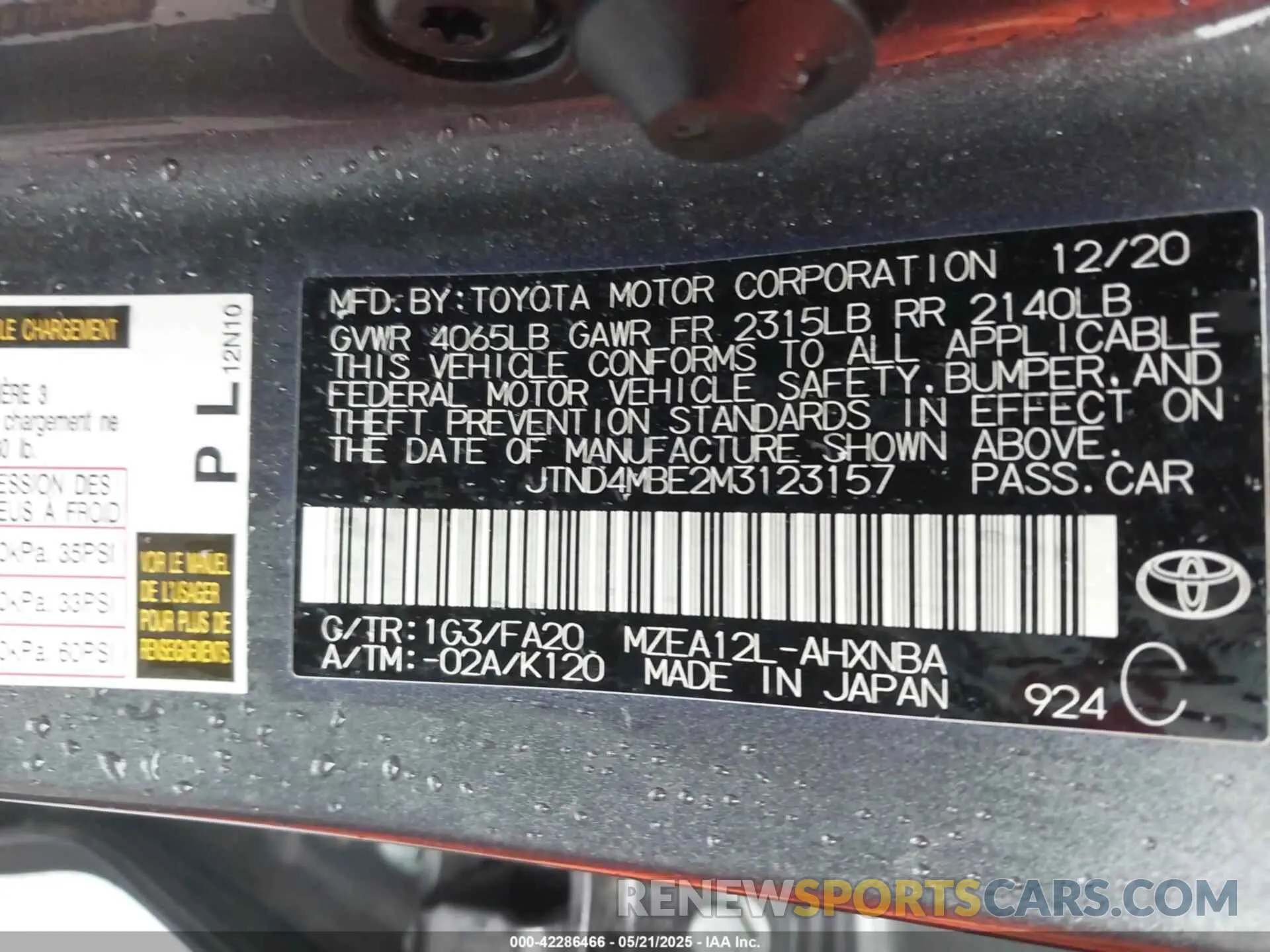 9 Фотография поврежденного автомобиля JTND4MBE2M3123157 TOYOTA COROLLA 2021