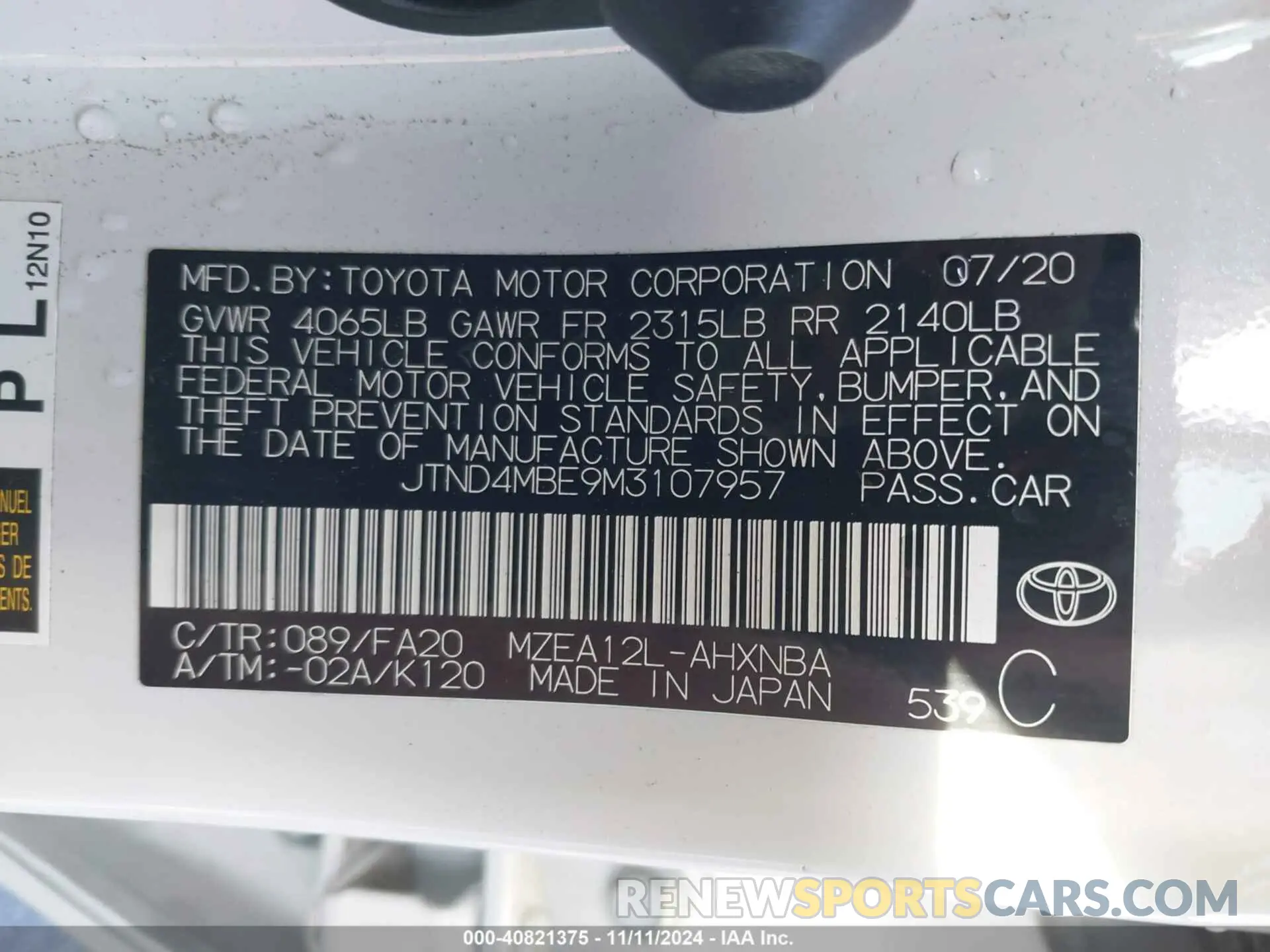 9 Фотография поврежденного автомобиля JTND4MBE9M3107957 TOYOTA COROLLA 2021