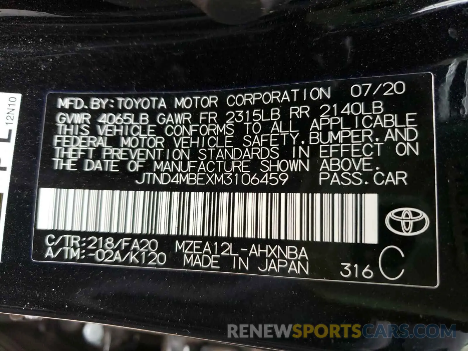 10 Photograph of a damaged car JTND4MBEXM3106459 TOYOTA COROLLA 2021