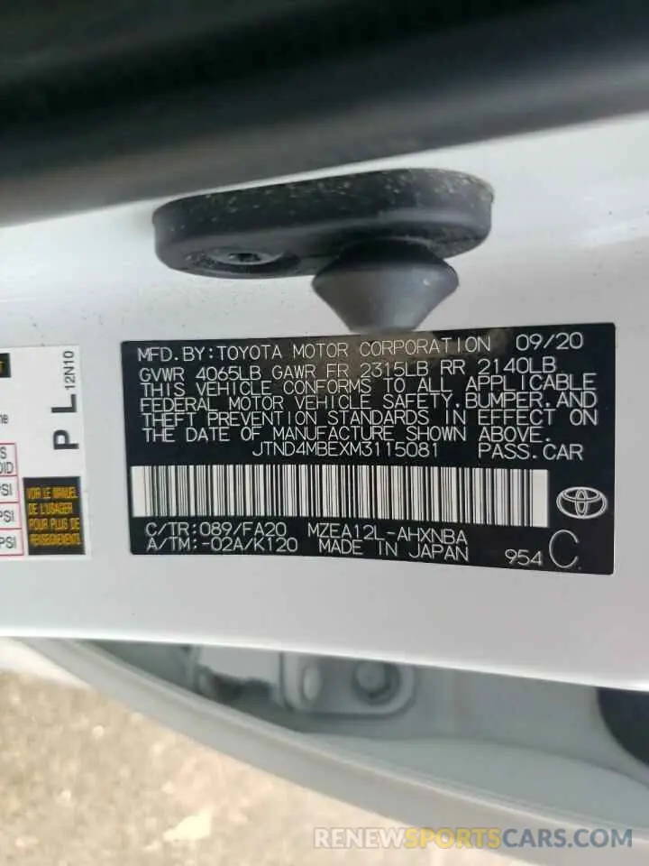 10 Фотография поврежденного автомобиля JTND4MBEXM3115081 TOYOTA COROLLA 2021