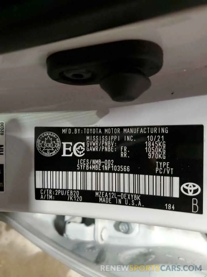 12 Photograph of a damaged car 5YFB4MBE1NP103566 TOYOTA COROLLA 2022