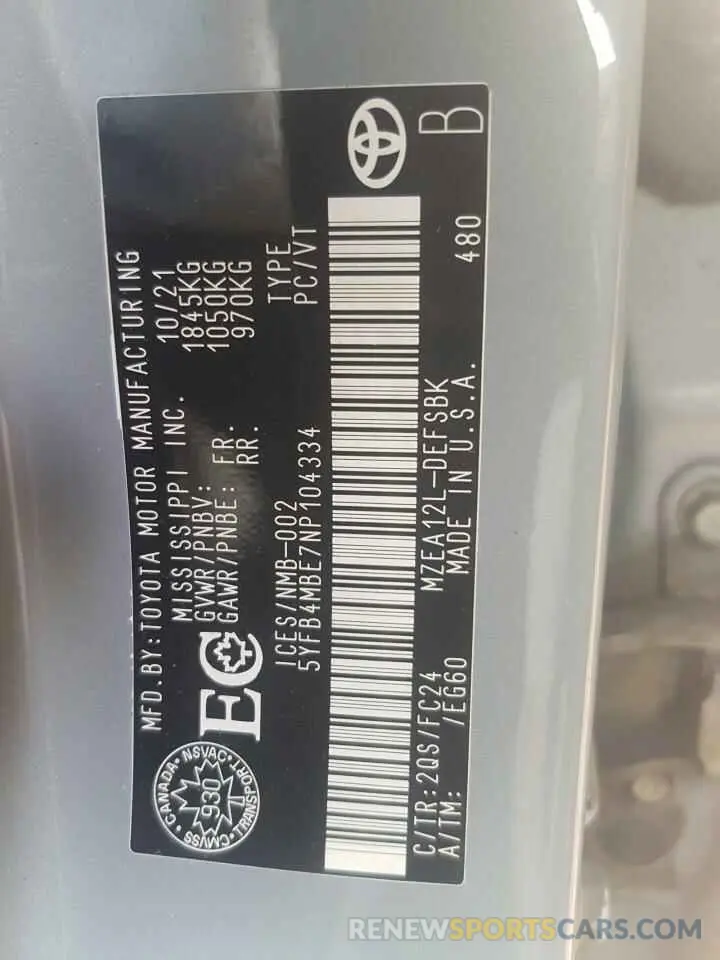 12 Фотография поврежденного автомобиля 5YFB4MBE7NP104334 TOYOTA COROLLA 2022