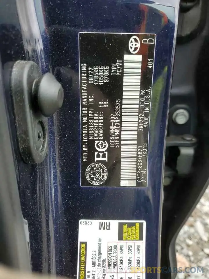 12 Фотография поврежденного автомобиля 5YFBPMBE3NP353575 TOYOTA COROLLA 2022