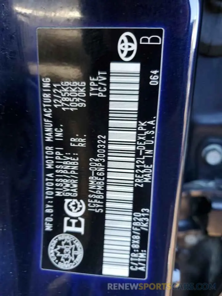 13 Фотография поврежденного автомобиля 5YFBPMBE6NP300322 TOYOTA COROLLA 2022