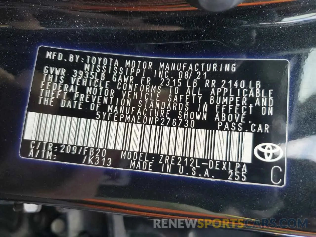 12 Photograph of a damaged car 5YFEPMAE0NP276730 TOYOTA COROLLA 2022