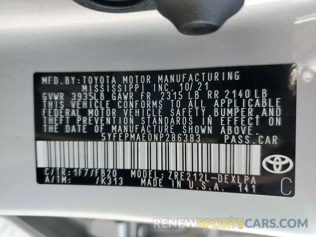 13 Photograph of a damaged car 5YFEPMAE0NP286383 TOYOTA COROLLA 2022