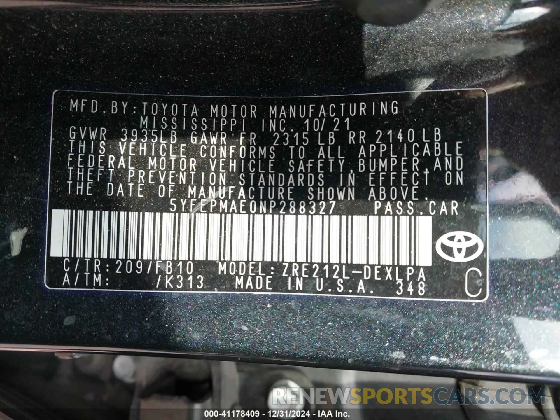 9 Фотография поврежденного автомобиля 5YFEPMAE0NP288327 TOYOTA COROLLA 2022