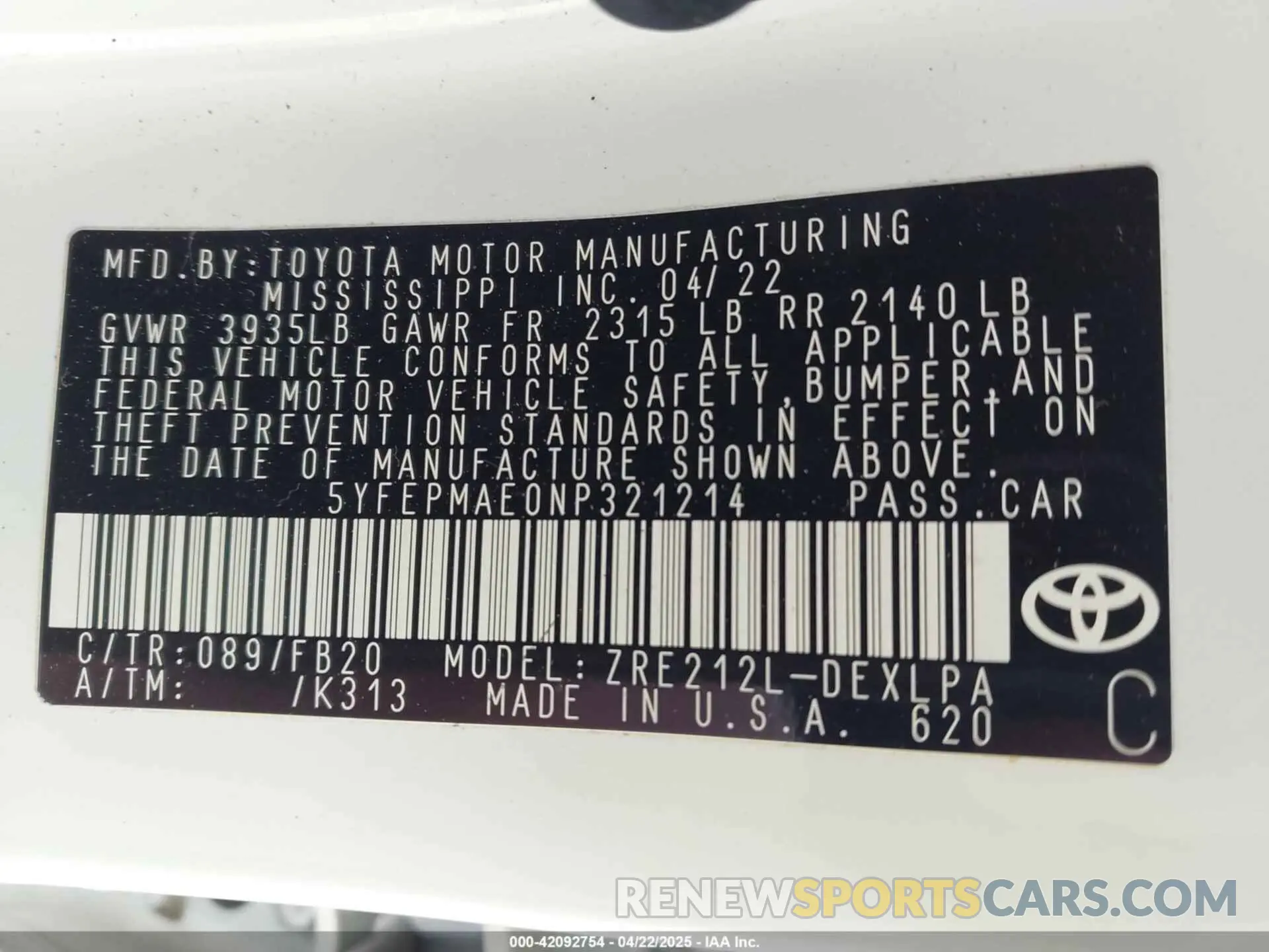 9 Photograph of a damaged car 5YFEPMAE0NP321214 TOYOTA COROLLA 2022