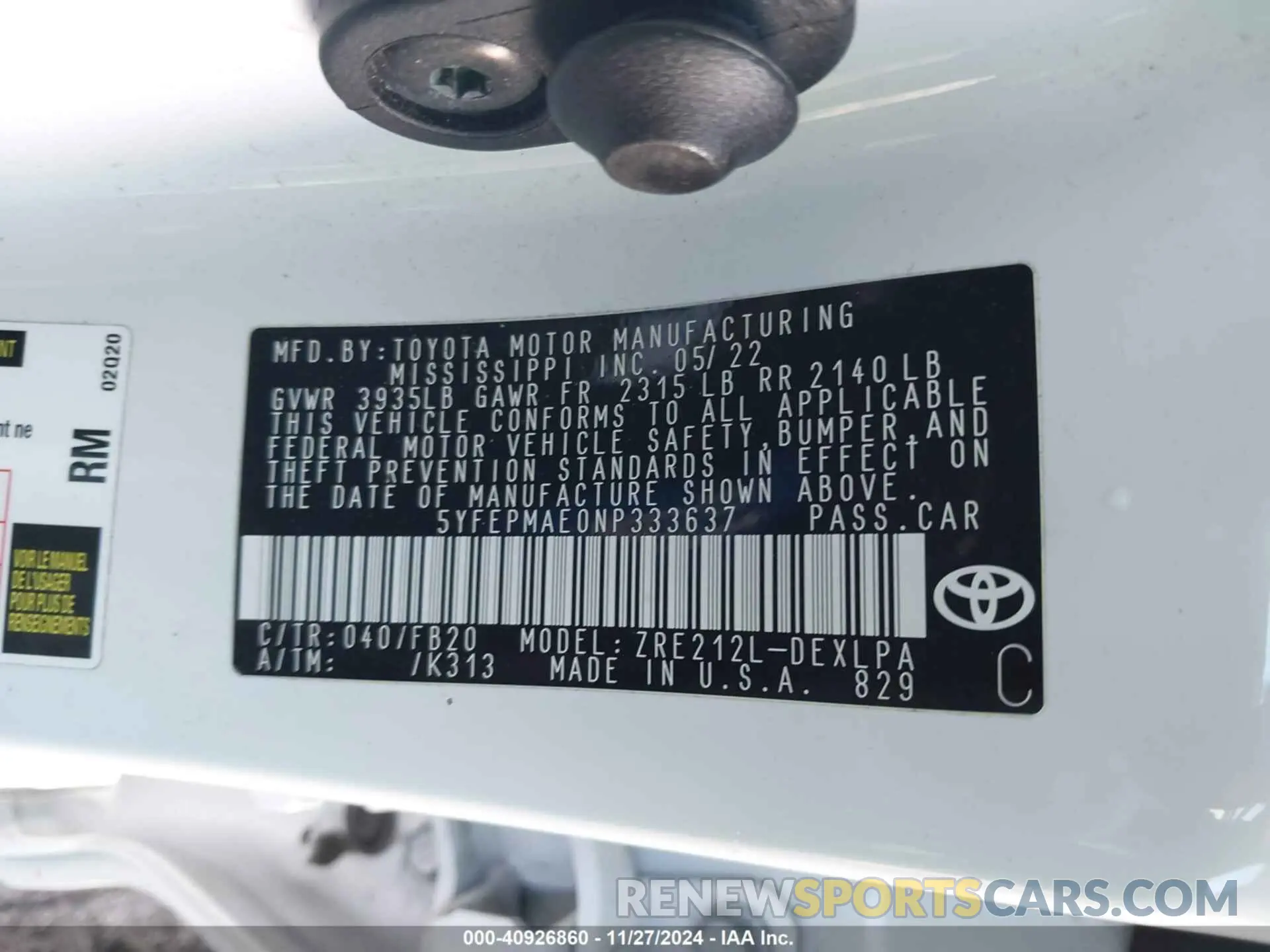 9 Photograph of a damaged car 5YFEPMAE0NP333637 TOYOTA COROLLA 2022
