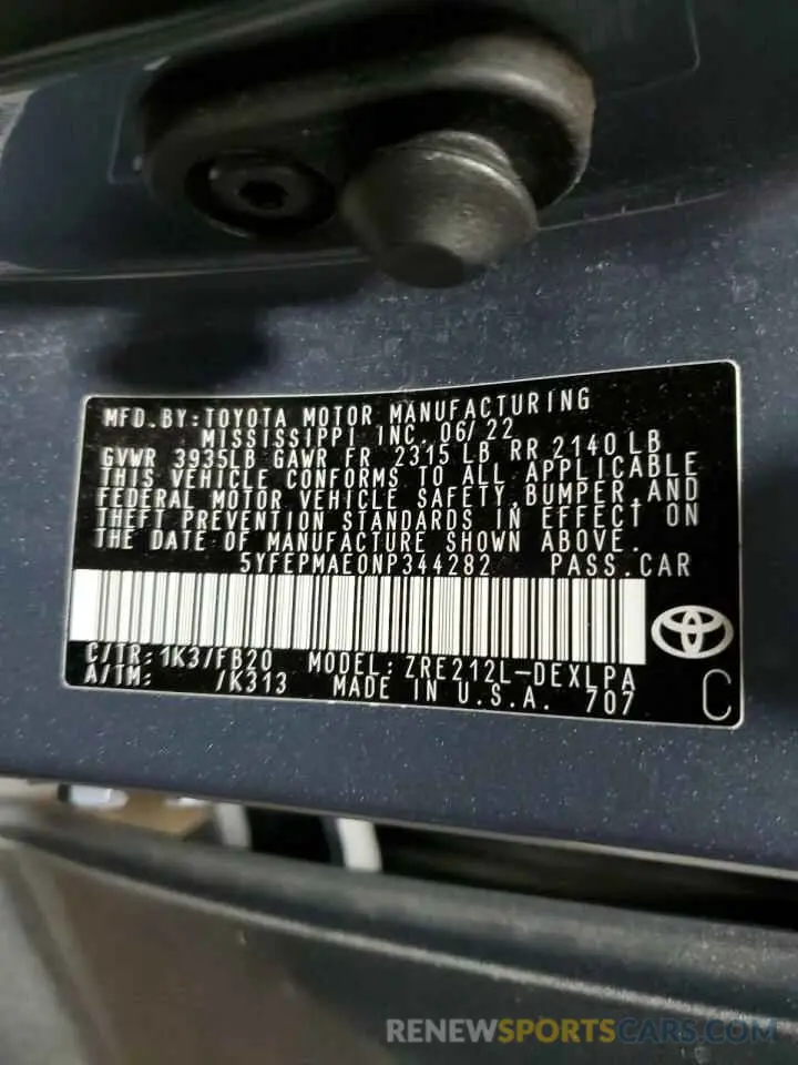 13 Фотография поврежденного автомобиля 5YFEPMAE0NP344282 TOYOTA COROLLA 2022