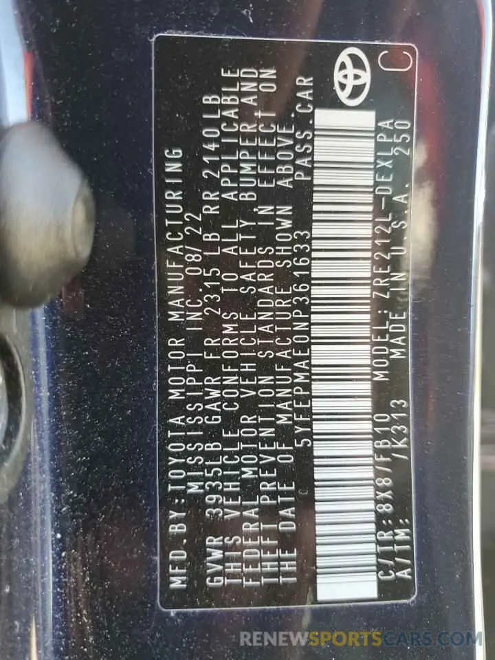 13 Photograph of a damaged car 5YFEPMAE0NP361633 TOYOTA COROLLA 2022