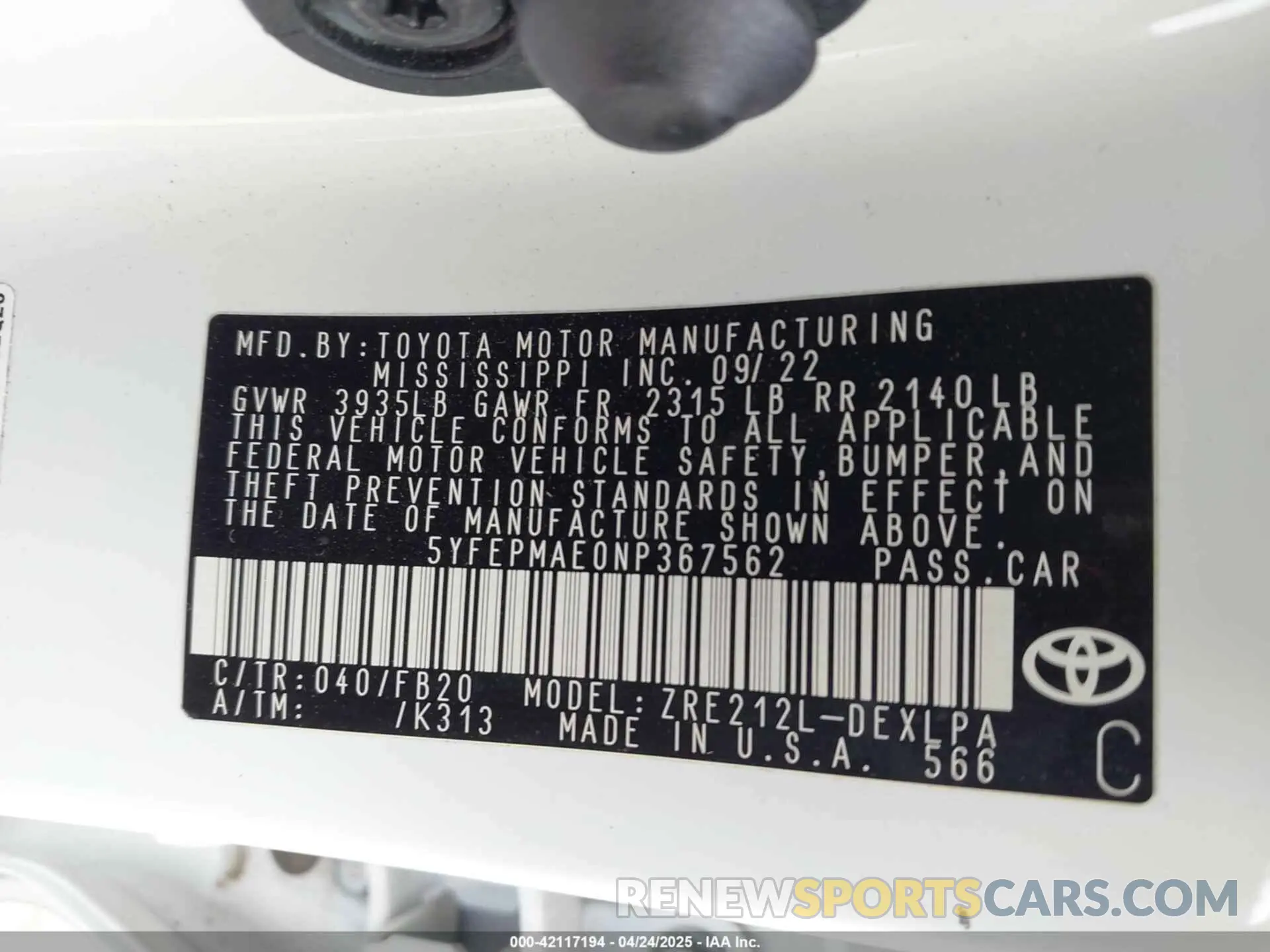 9 Фотография поврежденного автомобиля 5YFEPMAE0NP367562 TOYOTA COROLLA 2022