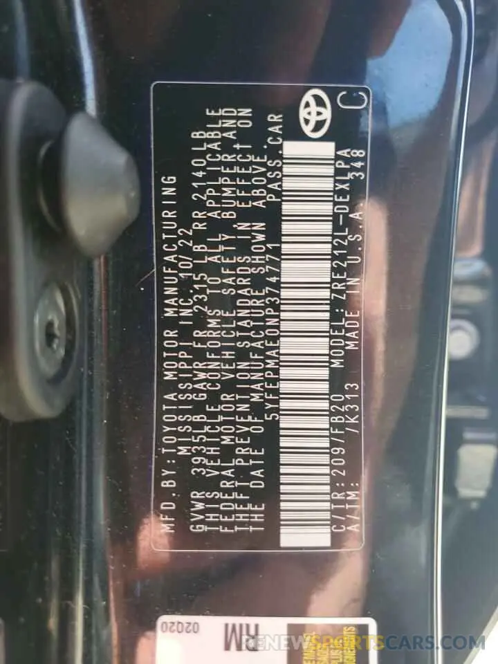 13 Photograph of a damaged car 5YFEPMAE0NP374771 TOYOTA COROLLA 2022